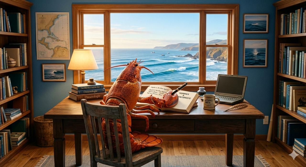 The OpenClaw Book — A lobster writing at a desk overlooking the ocean